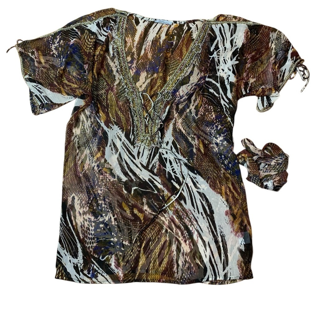 Solitaire Boho Beaded Animal Print Tunic Top Kaftan Large